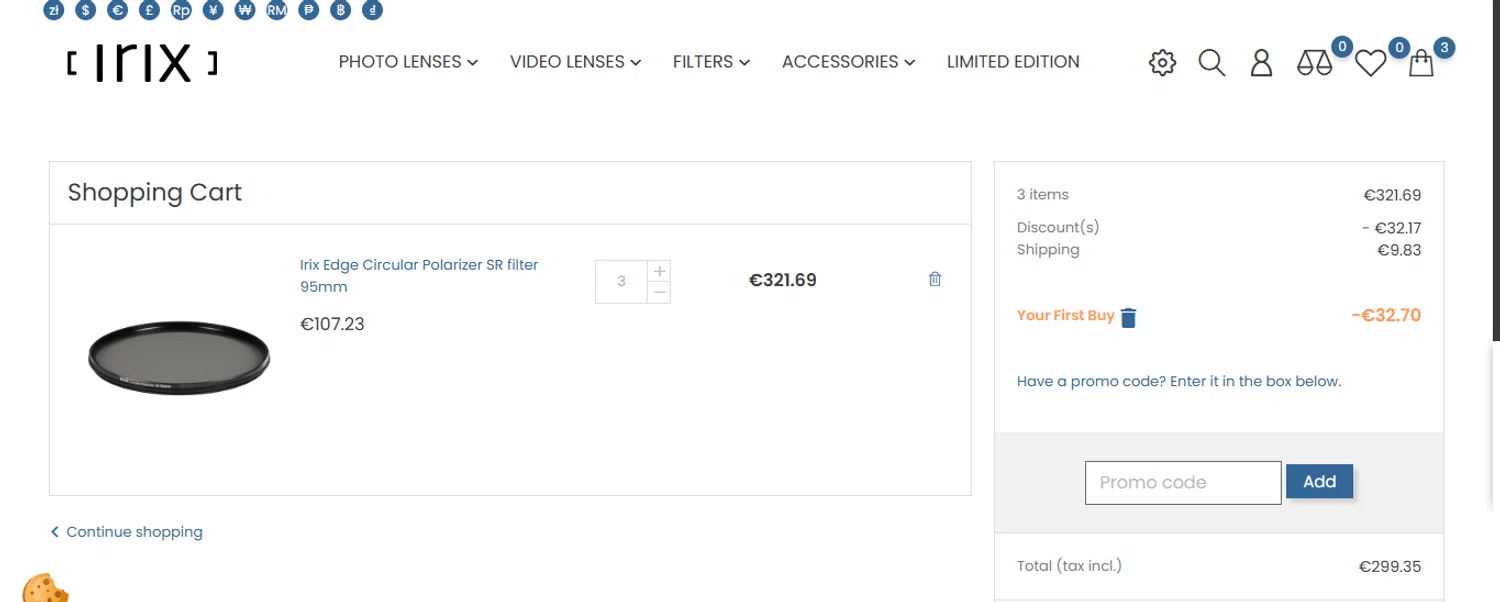Irix Lens promo code screenshot showing code FIRST applied at Irix Lens checkout page. Uploaded by SimplyCodes community member Lamadama on Mar 9, 2025