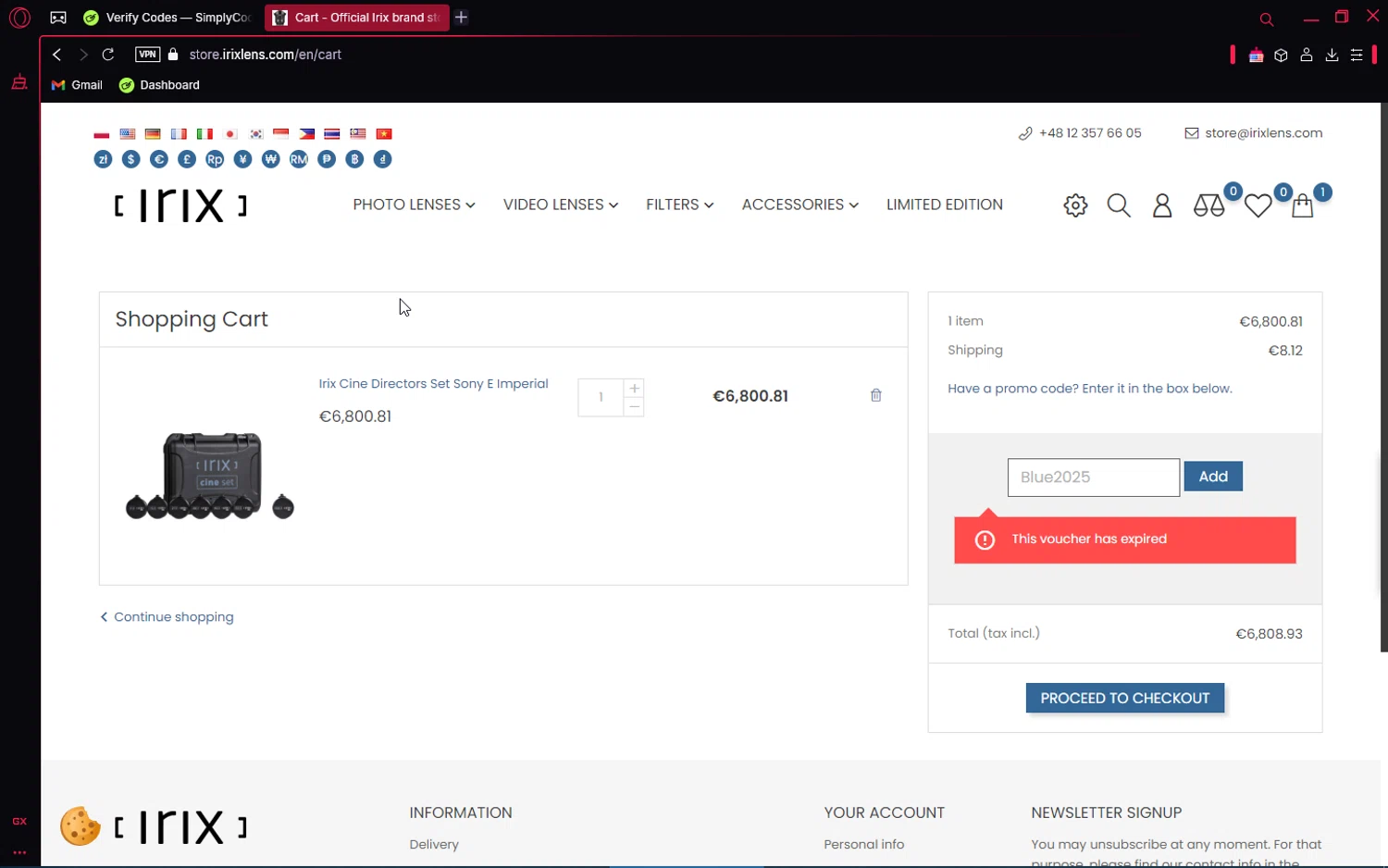 Irix Lens promo code screenshot showing code Blue2025 applied at Irix Lens checkout page. Uploaded by SimplyCodes community member editor_1 on Feb 18, 2025