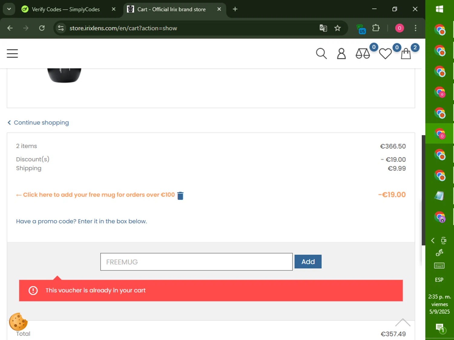 Irix Lens checkout page showing Irix Lens promo code box | Screenshot taken by SimplyCodes community member on Sep 5, 2025
