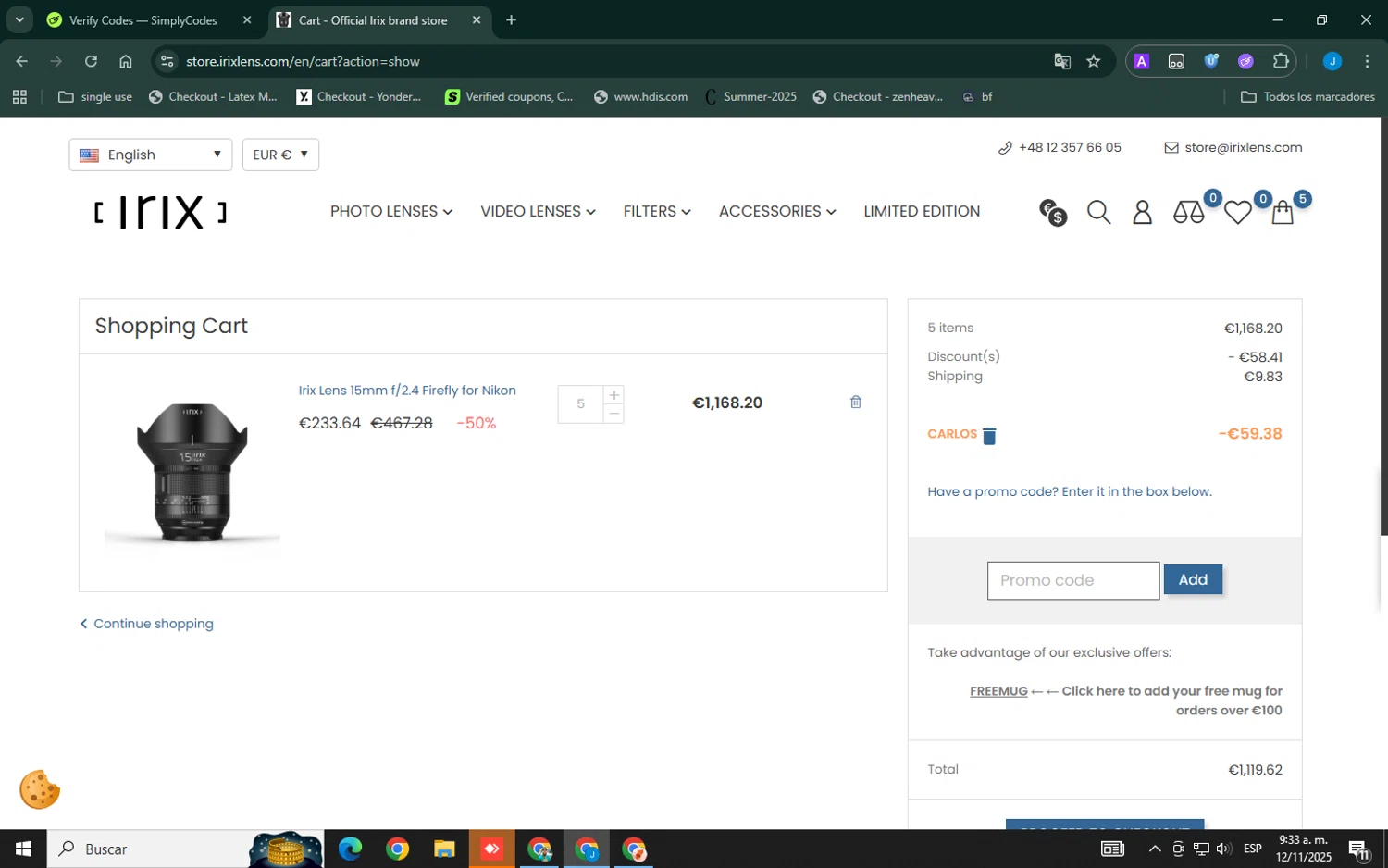 Irix Lens promo code screenshot showing code IRIXPROMO_CARLOS applied at Irix Lens checkout page. Uploaded by SimplyCodes community member ELVERGALARGA on Nov 12, 2025