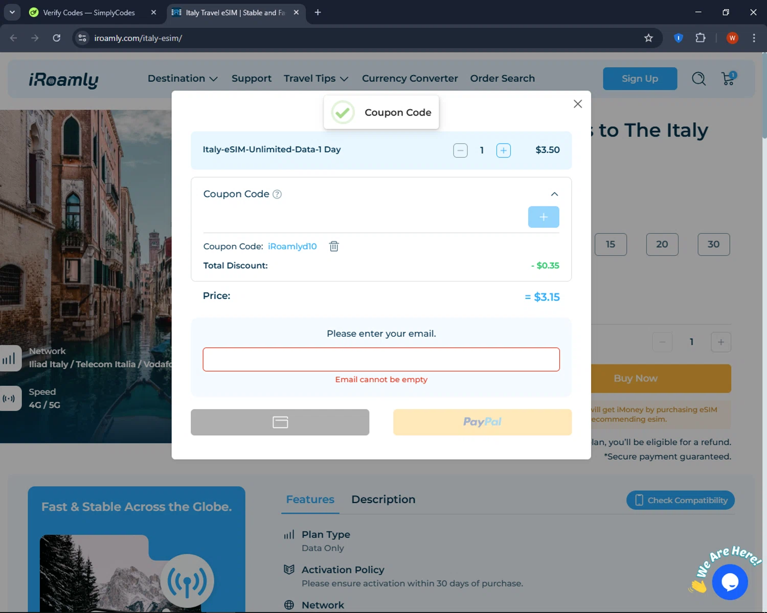 iRoamly coupon code screenshot showing code iRoamlyd10 applied at iRoamly checkout page. Uploaded by SimplyCodes community member CashPro9699 on Apr 5, 2025