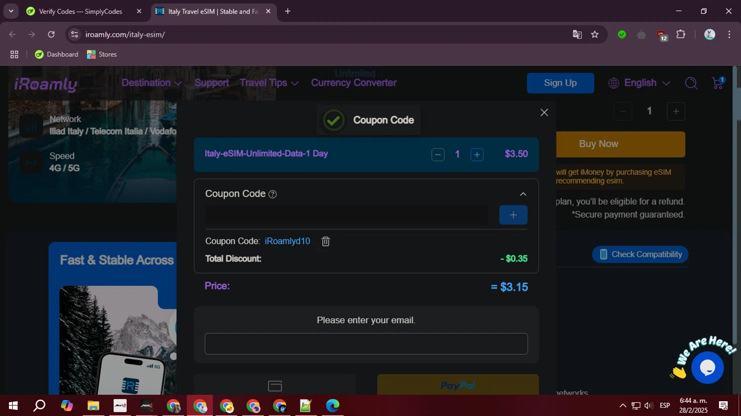 iRoamly coupon code screenshot showing code iRoamlyd10 applied at iRoamly checkout page. Uploaded by SimplyCodes community member ValiantLegend7294 on Feb 28, 2025