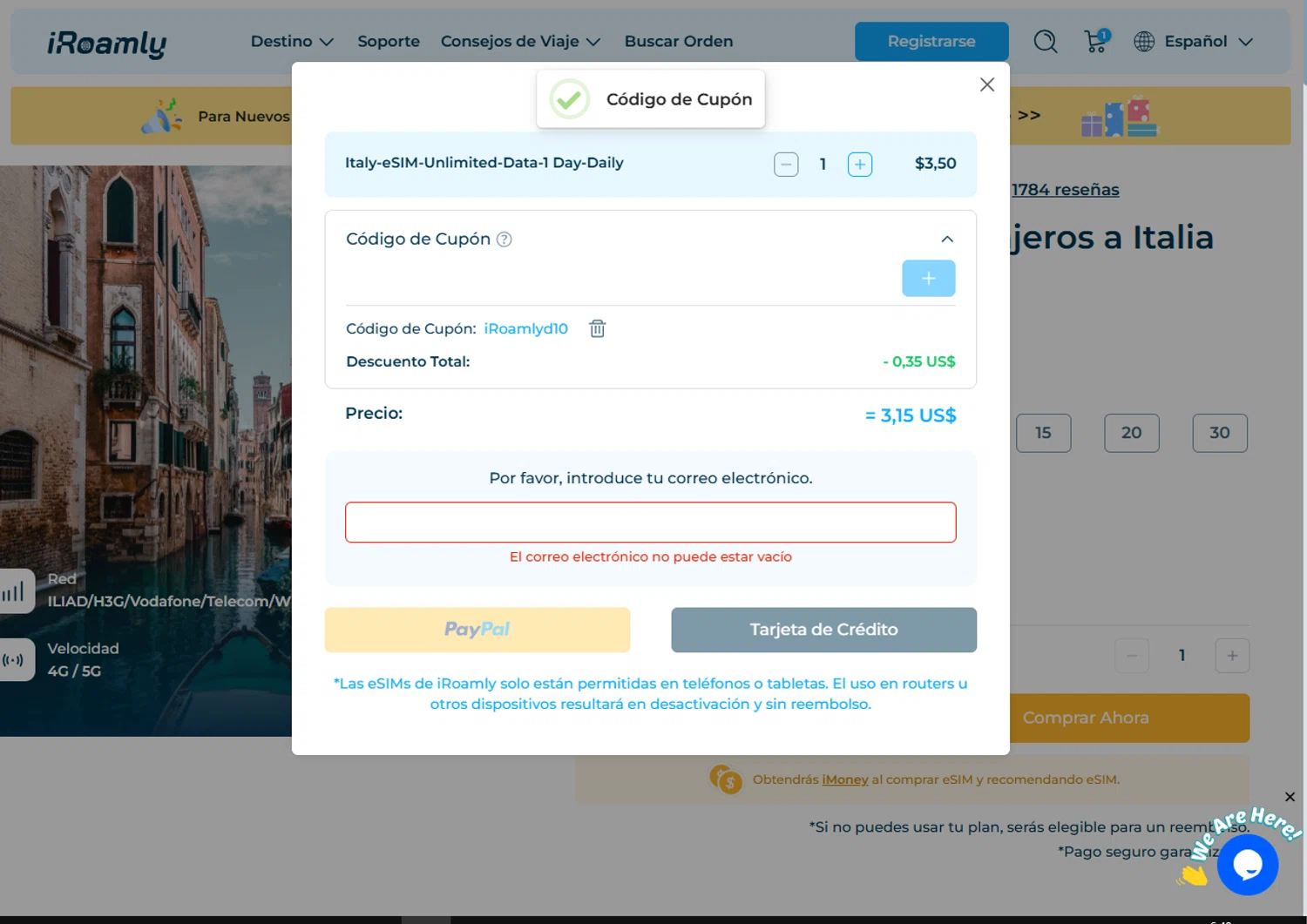 iRoamly coupon code screenshot showing code iRoamlyd10 applied at iRoamly checkout page. Uploaded by SimplyCodes community member VoucherFinder3467 on Aug 26, 2025