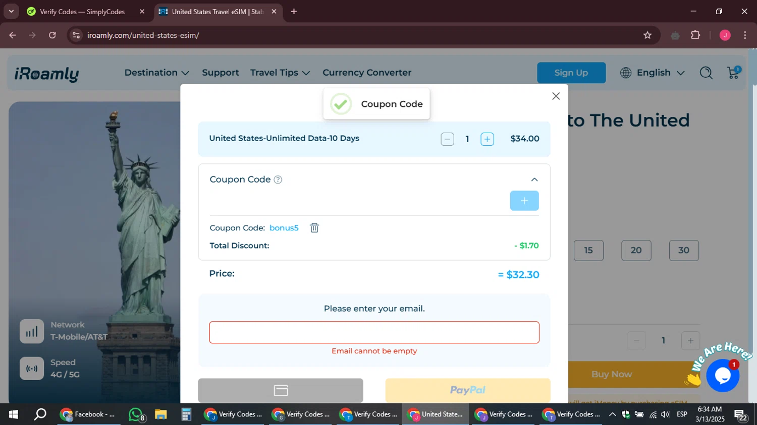 iRoamly coupon code screenshot showing code bonus5 applied at iRoamly checkout page. Uploaded by SimplyCodes community member JackWilson63 on Mar 13, 2025