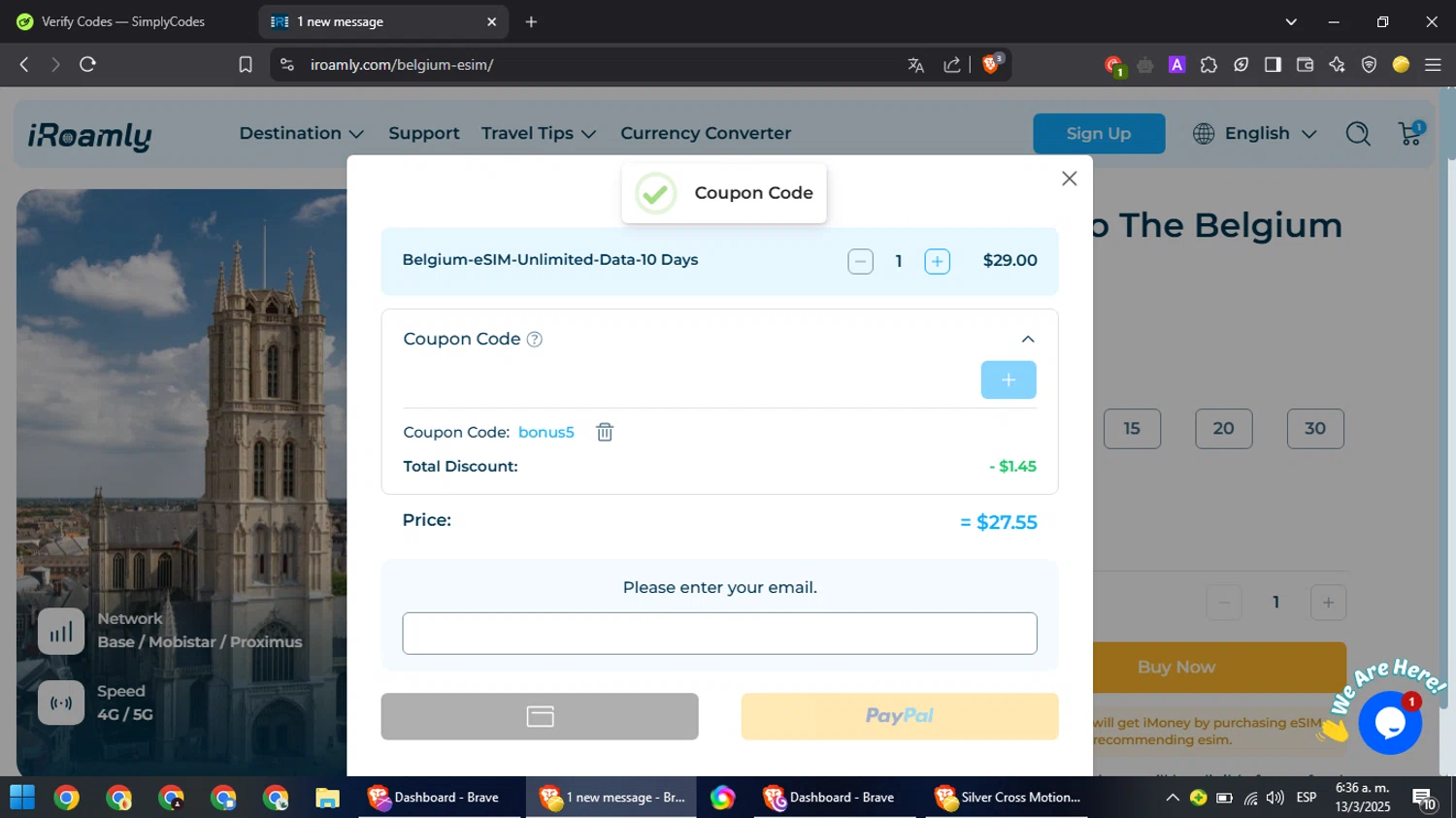iRoamly coupon code screenshot showing code bonus5 applied at iRoamly checkout page. Uploaded by SimplyCodes community member RebateRanger5627 on Mar 13, 2025