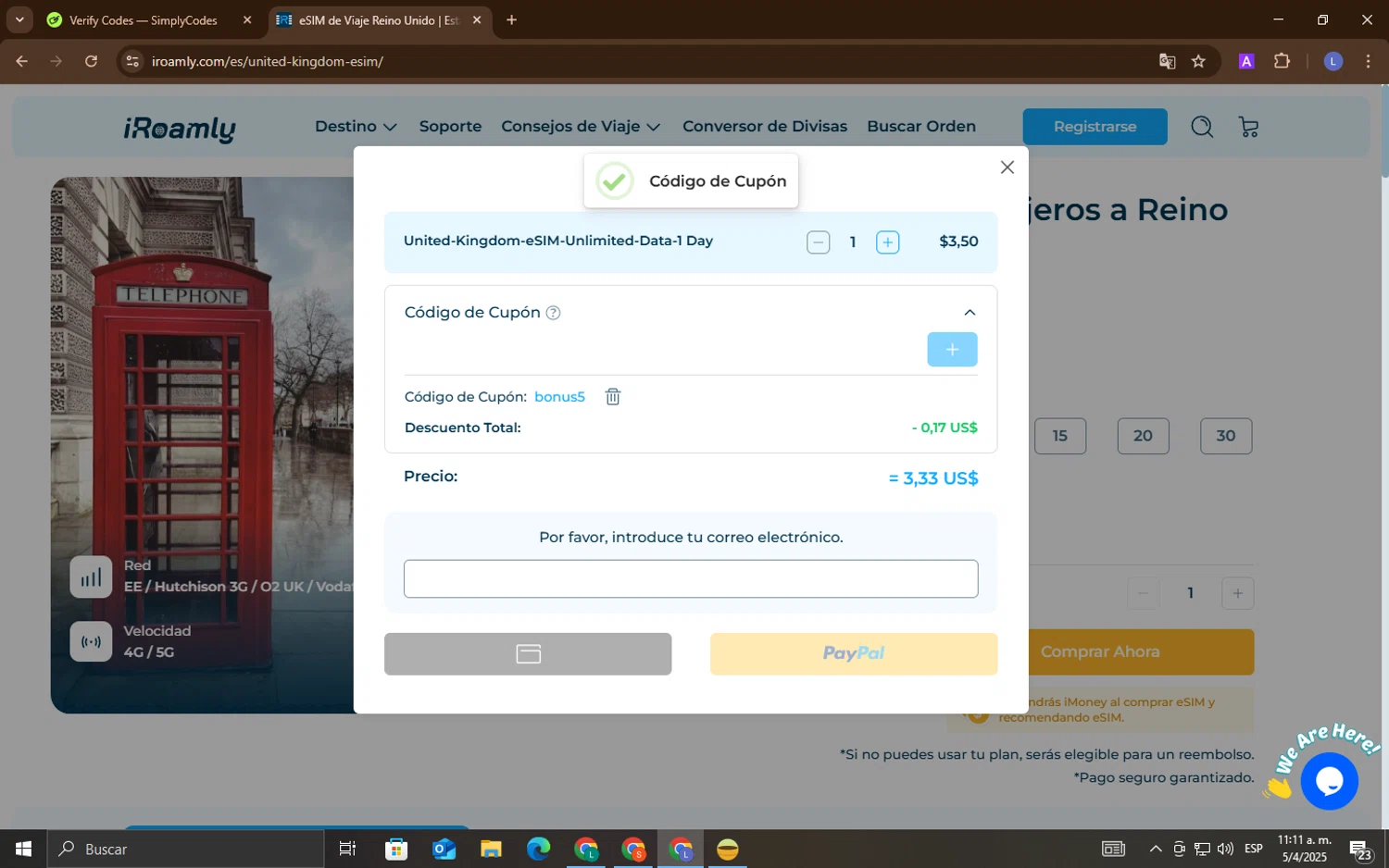 iRoamly coupon code screenshot showing code bonus5 applied at iRoamly checkout page. Uploaded by SimplyCodes community member LuckyEagle5535 on Apr 5, 2025