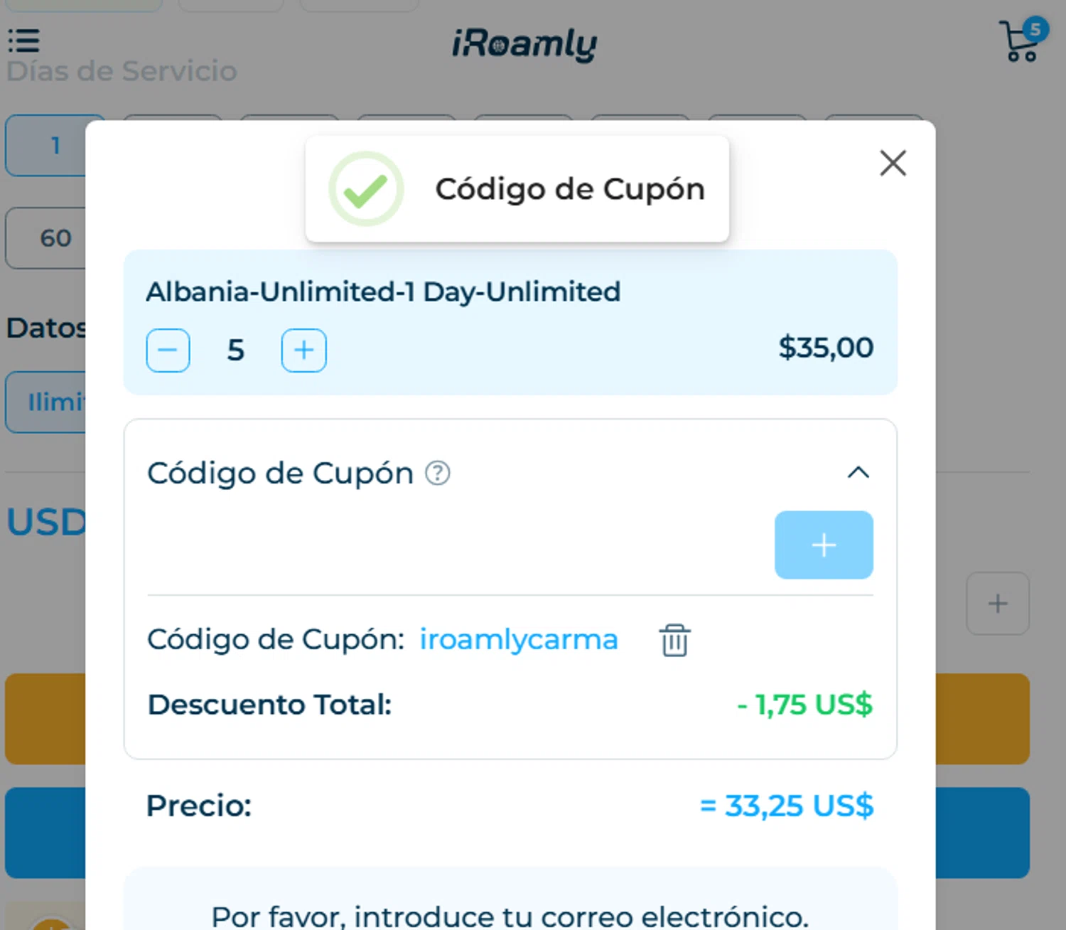 iRoamly coupon code screenshot showing code iroamlycarma applied at iRoamly checkout page. Uploaded by SimplyCodes community member Jose_515 on Jul 21, 2025