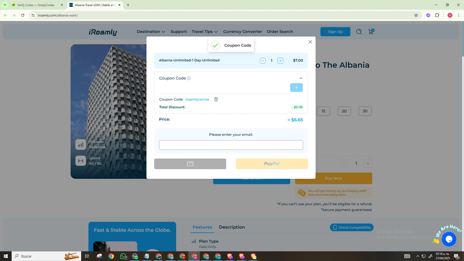 iRoamly coupon code screenshot showing code iroamlycarma applied at iRoamly checkout page. Uploaded by SimplyCodes community member NobleExpert518 on Apr 27, 2025
