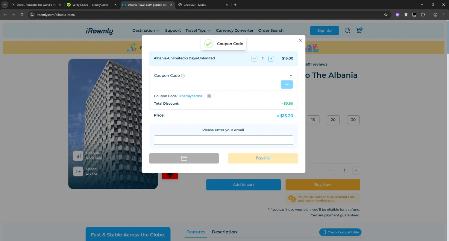 iRoamly coupon code screenshot showing code iroamlycarma applied at iRoamly checkout page. Uploaded by SimplyCodes community member manuelchirinos2 on Jun 24, 2025