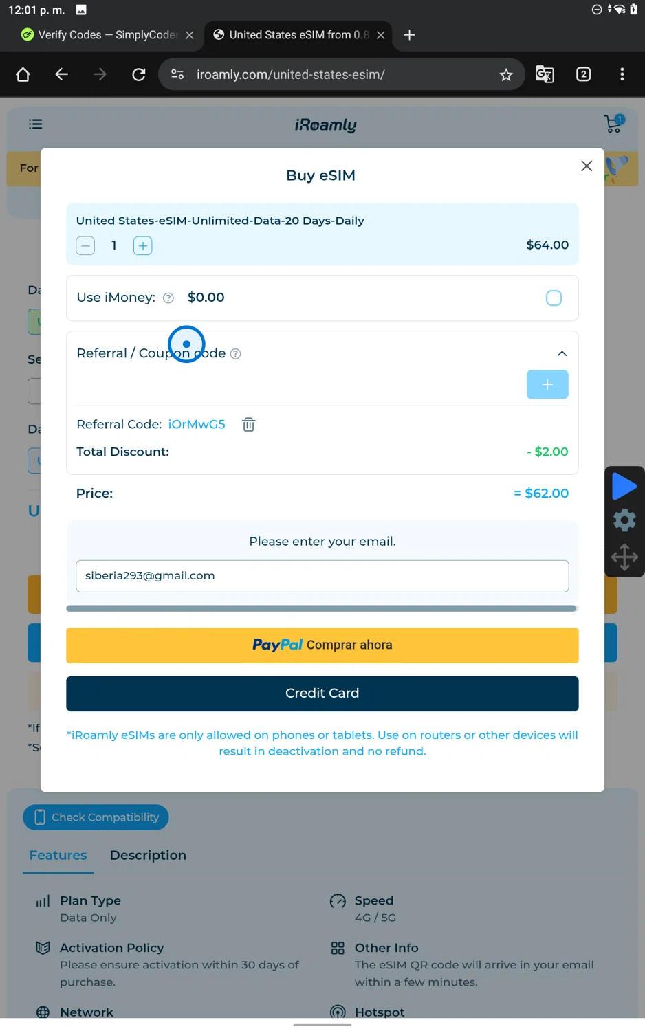 iRoamly checkout page showing iRoamly coupon code box | Screenshot taken by SimplyCodes community member on Dec 19, 2025