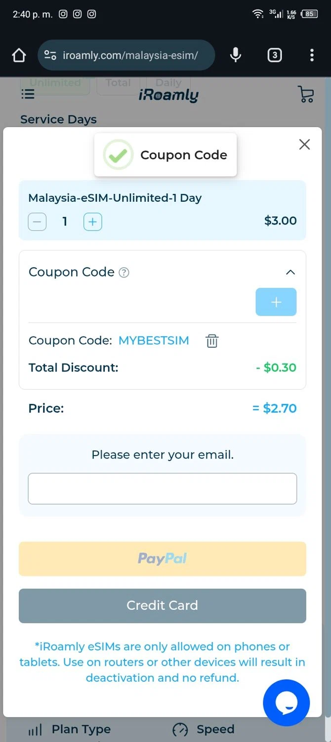 iRoamly coupon code screenshot showing code MYBESTSIM applied at iRoamly checkout page. Uploaded by SimplyCodes community member Nickurtdale on Dec 27, 2025