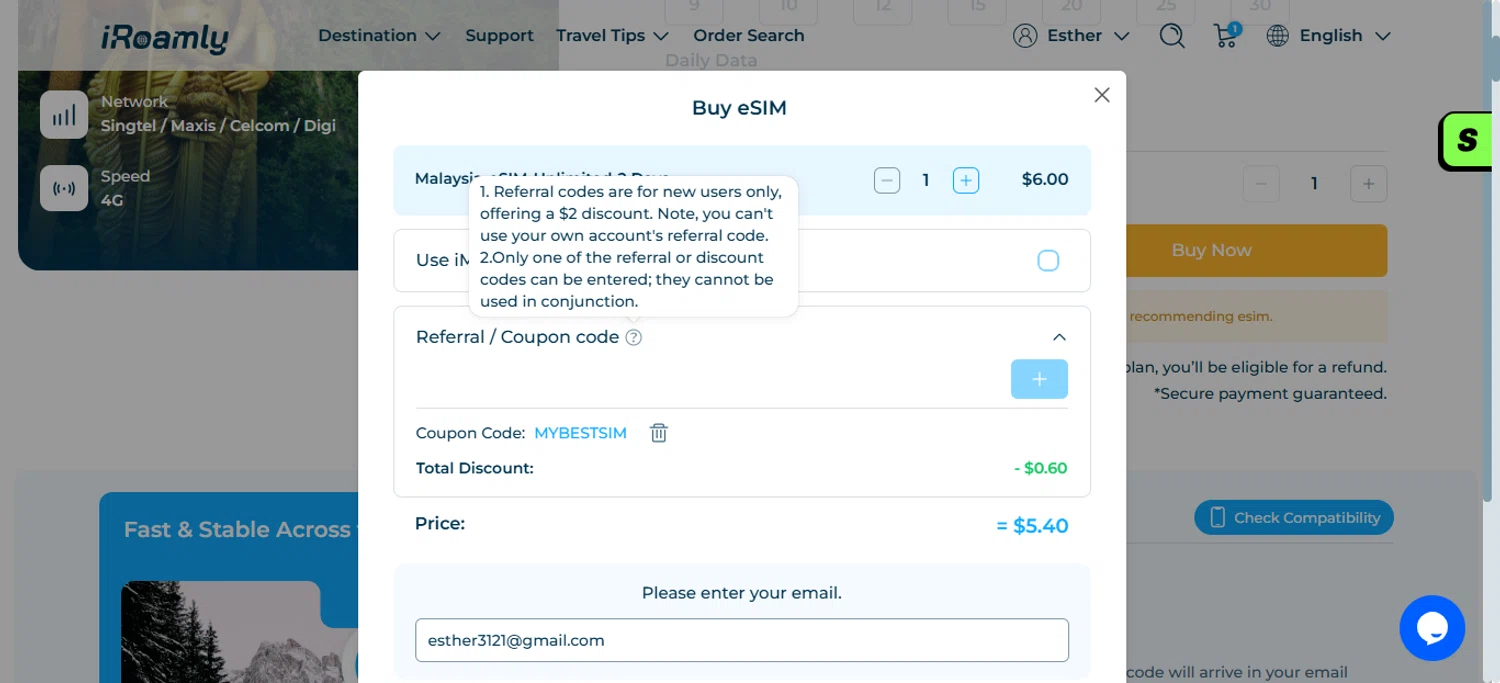 iRoamly coupon code screenshot showing code MYBESTSIM applied at iRoamly checkout page. Uploaded by SimplyCodes community member ESTHER3121 on Dec 27, 2025