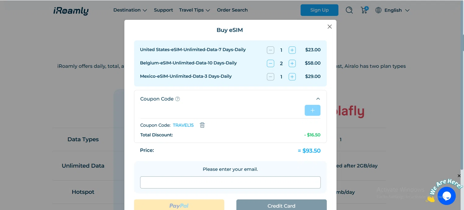 iRoamly coupon code screenshot showing code TRAVEL15 applied at iRoamly checkout page. Uploaded by SimplyCodes community member HJGrullo on Dec 9, 2025