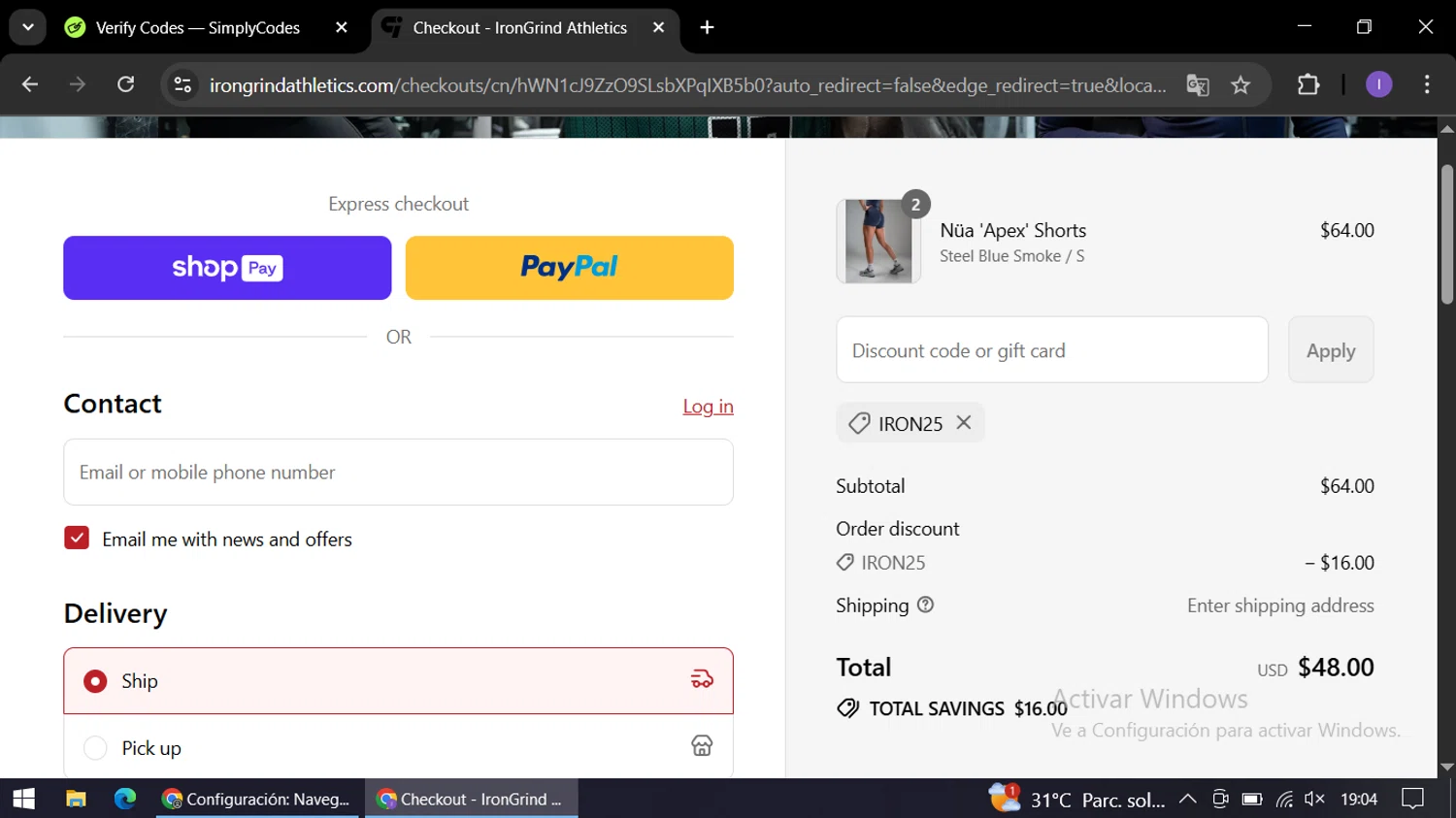 IronGrind Athletics promo code screenshot showing code IRON25 applied at IronGrind Athletics checkout page. Uploaded by SimplyCodes community member AGP44456545 on Aug 9, 2025