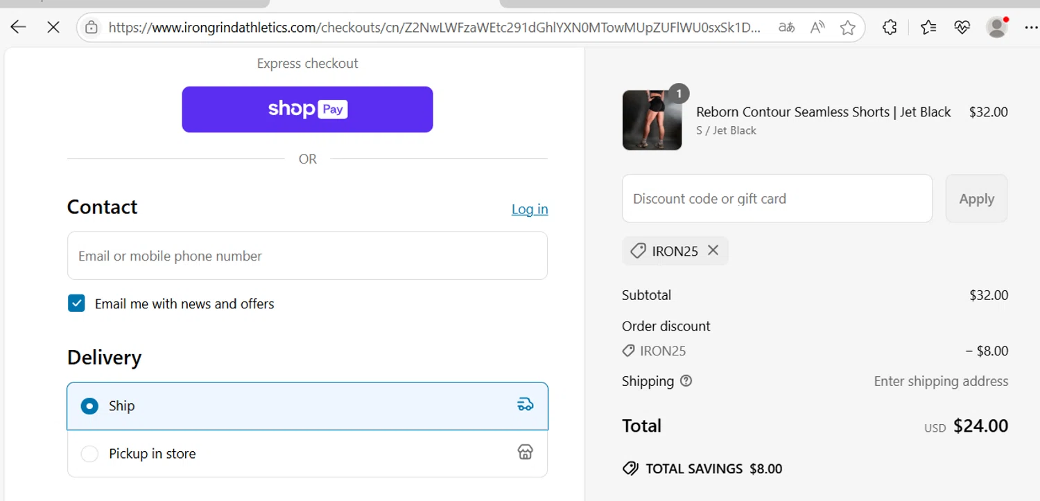 IronGrind Athletics promo code screenshot showing code IRON25 applied at IronGrind Athletics checkout page. Uploaded by SimplyCodes community member Marysan on Jun 26, 2025