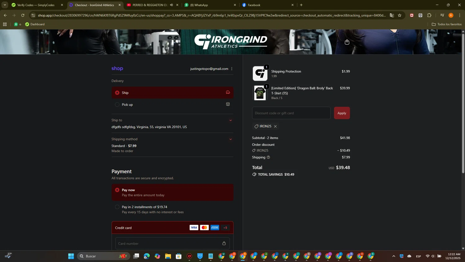 IronGrind Athletics promo code screenshot showing code IRON25 applied at IronGrind Athletics checkout page. Uploaded by SimplyCodes community member PromoTitan1625 on Dec 12, 2025