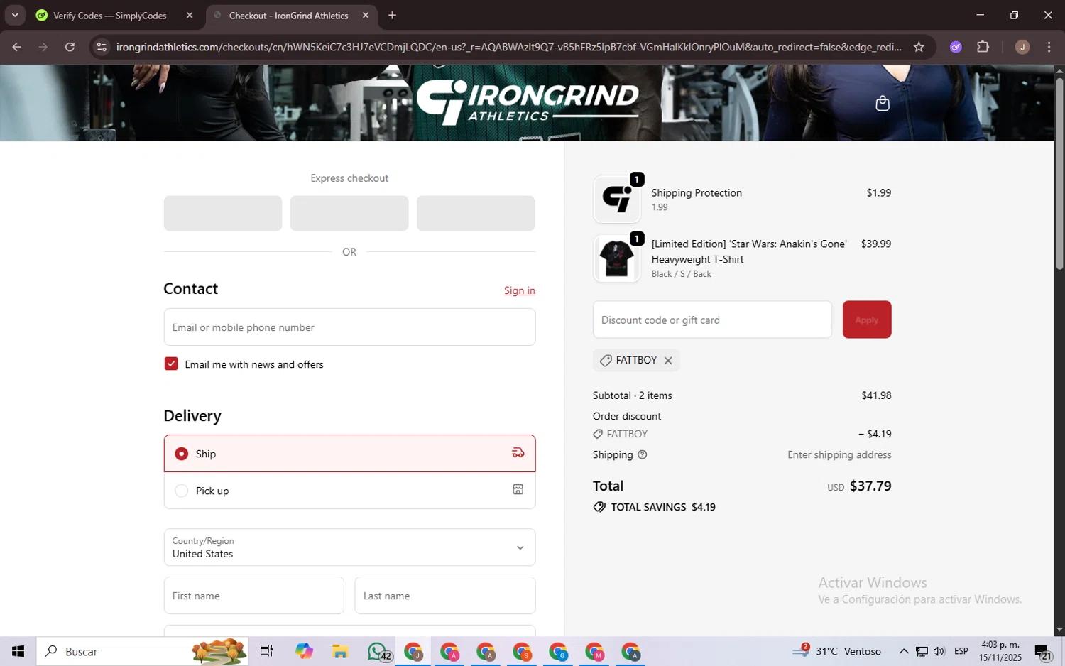 IronGrind Athletics promo code screenshot showing code Fattboy applied at IronGrind Athletics checkout page. Uploaded by SimplyCodes community member CrownChaser949 on Nov 15, 2025