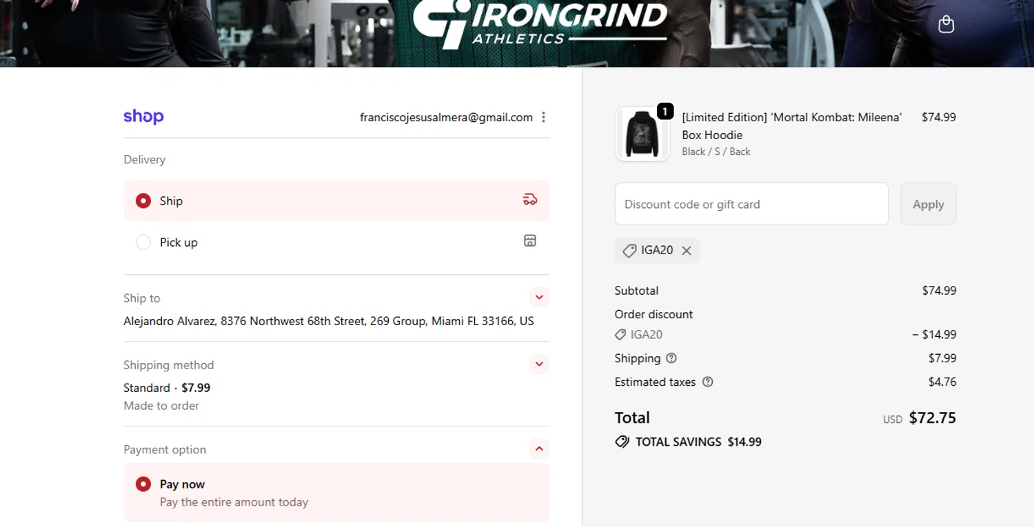 IronGrind Athletics promo code screenshot showing code IGA20 applied at IronGrind Athletics checkout page. Uploaded by SimplyCodes community member Gaby04 on Oct 24, 2025