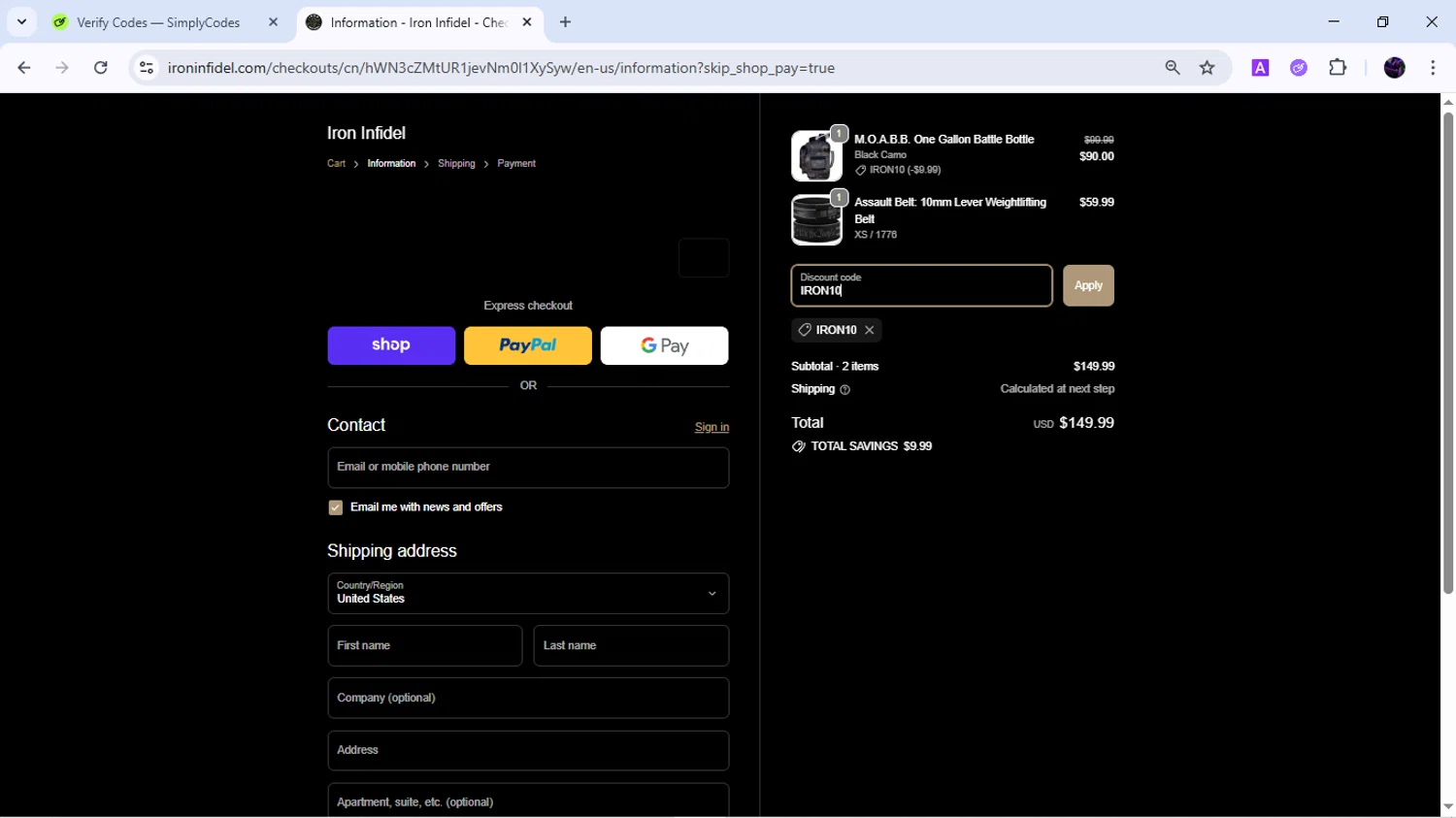 Iron Infidel discount code screenshot showing code IRON10 applied at Iron Infidel checkout page. Uploaded by SimplyCodes community member BudgetMaven6078 on Oct 1, 2025