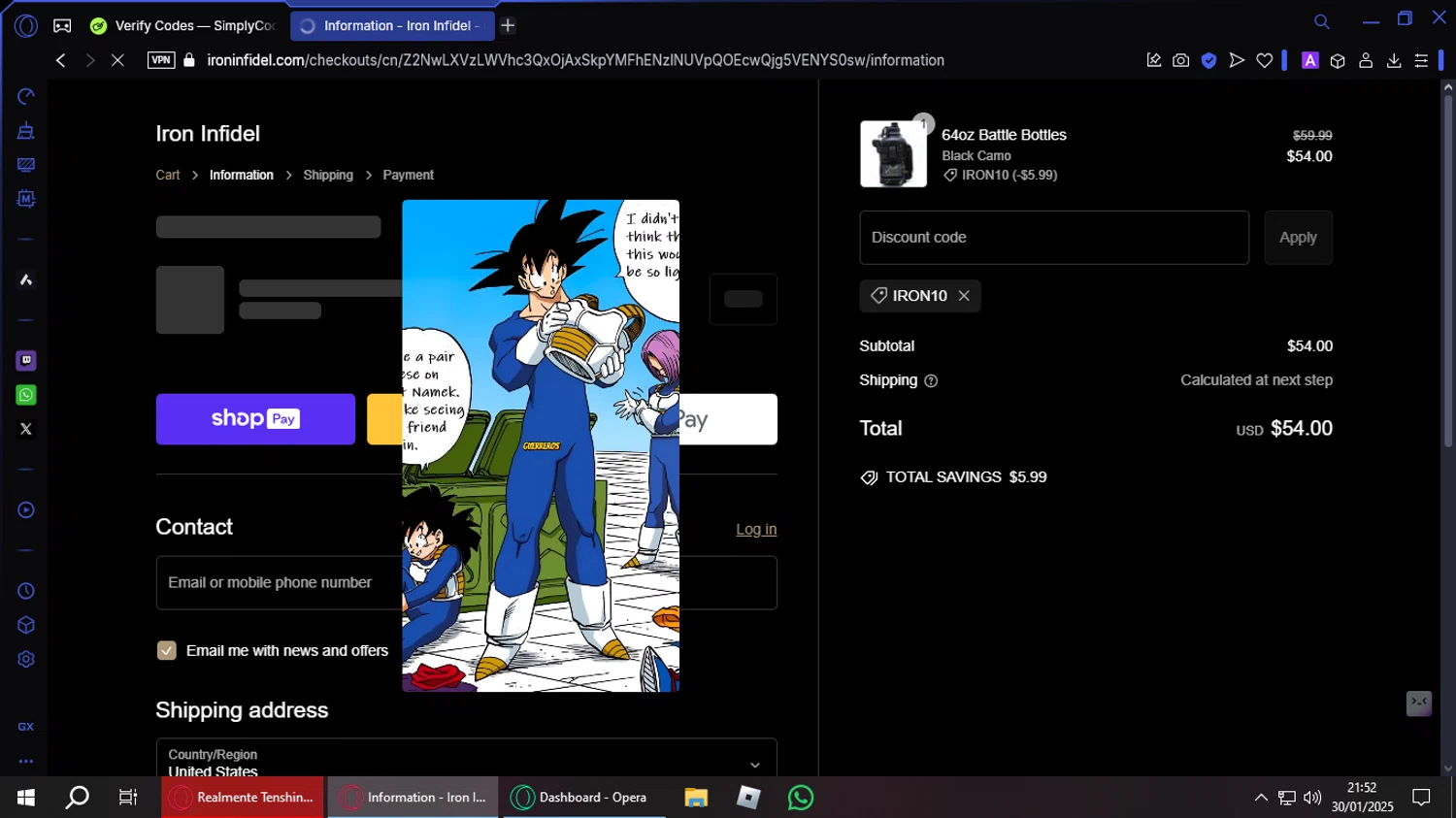 Iron Infidel discount code screenshot showing code IRON10 applied at Iron Infidel checkout page. Uploaded by SimplyCodes community member Luthermaxu on Jan 31, 2025