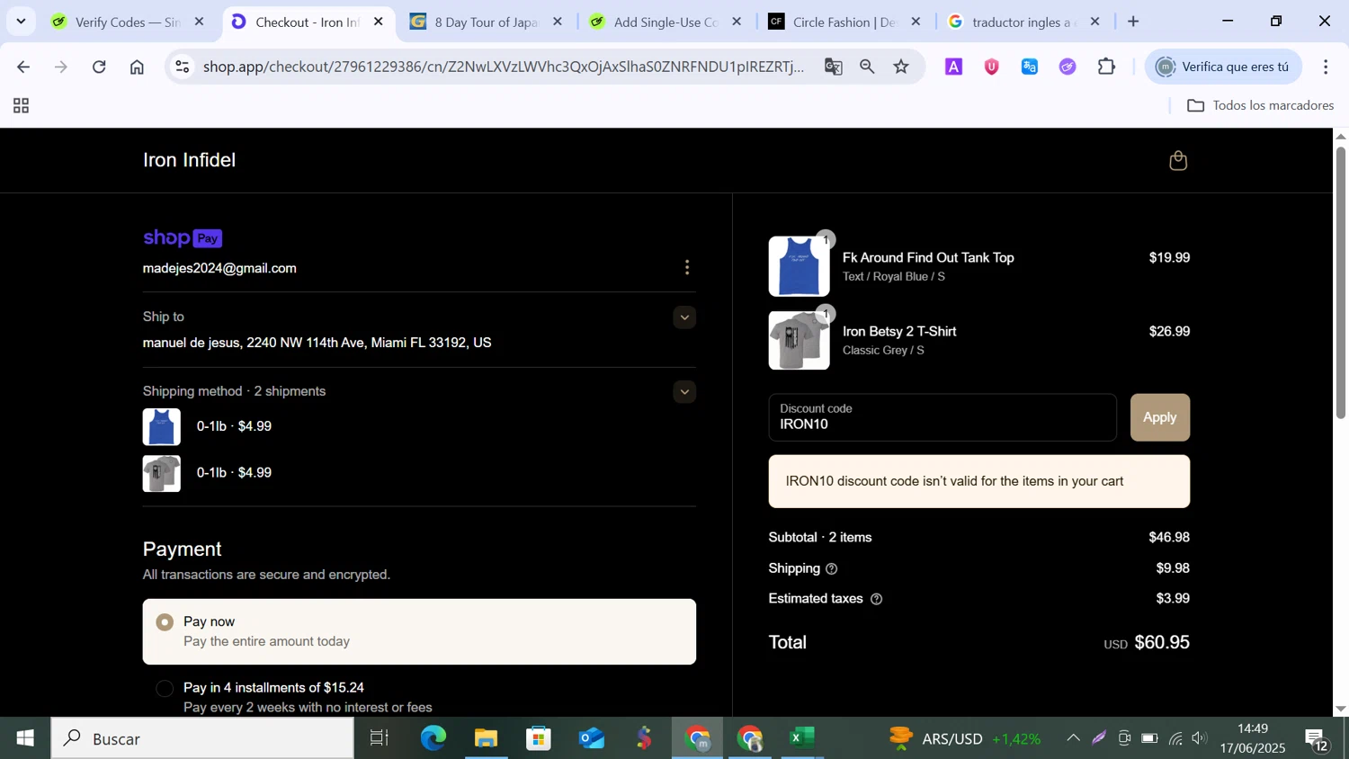 Iron Infidel discount code screenshot showing code IRON10 applied at Iron Infidel checkout page. Uploaded by SimplyCodes community member MANUELURBINA on Jun 17, 2025