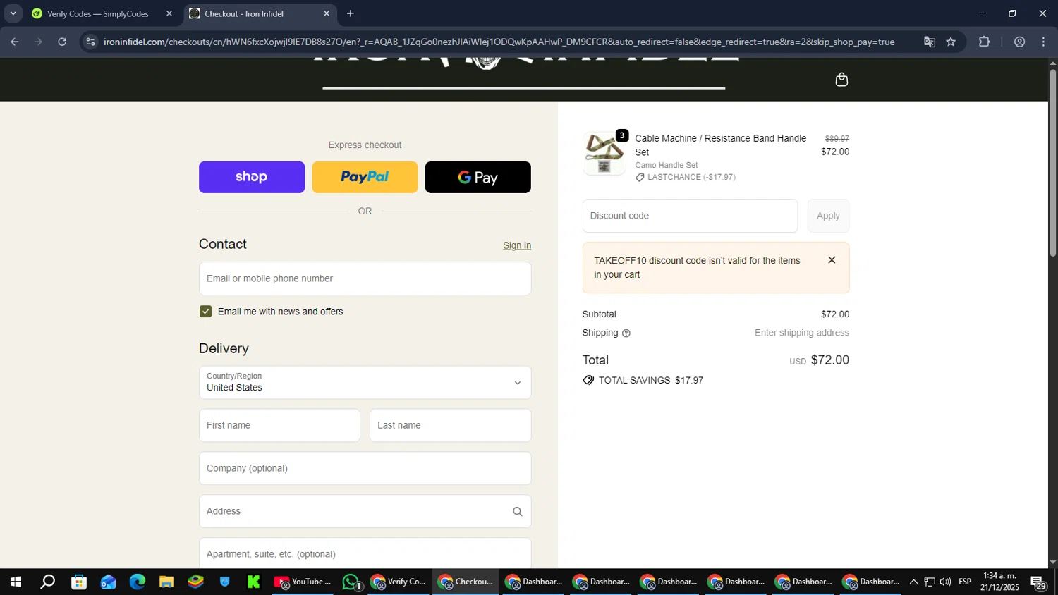 Iron Infidel discount code screenshot showing code TAKEOFF10 applied at Iron Infidel checkout page. Uploaded by SimplyCodes community member RebateCaptain6440 on Dec 21, 2025
