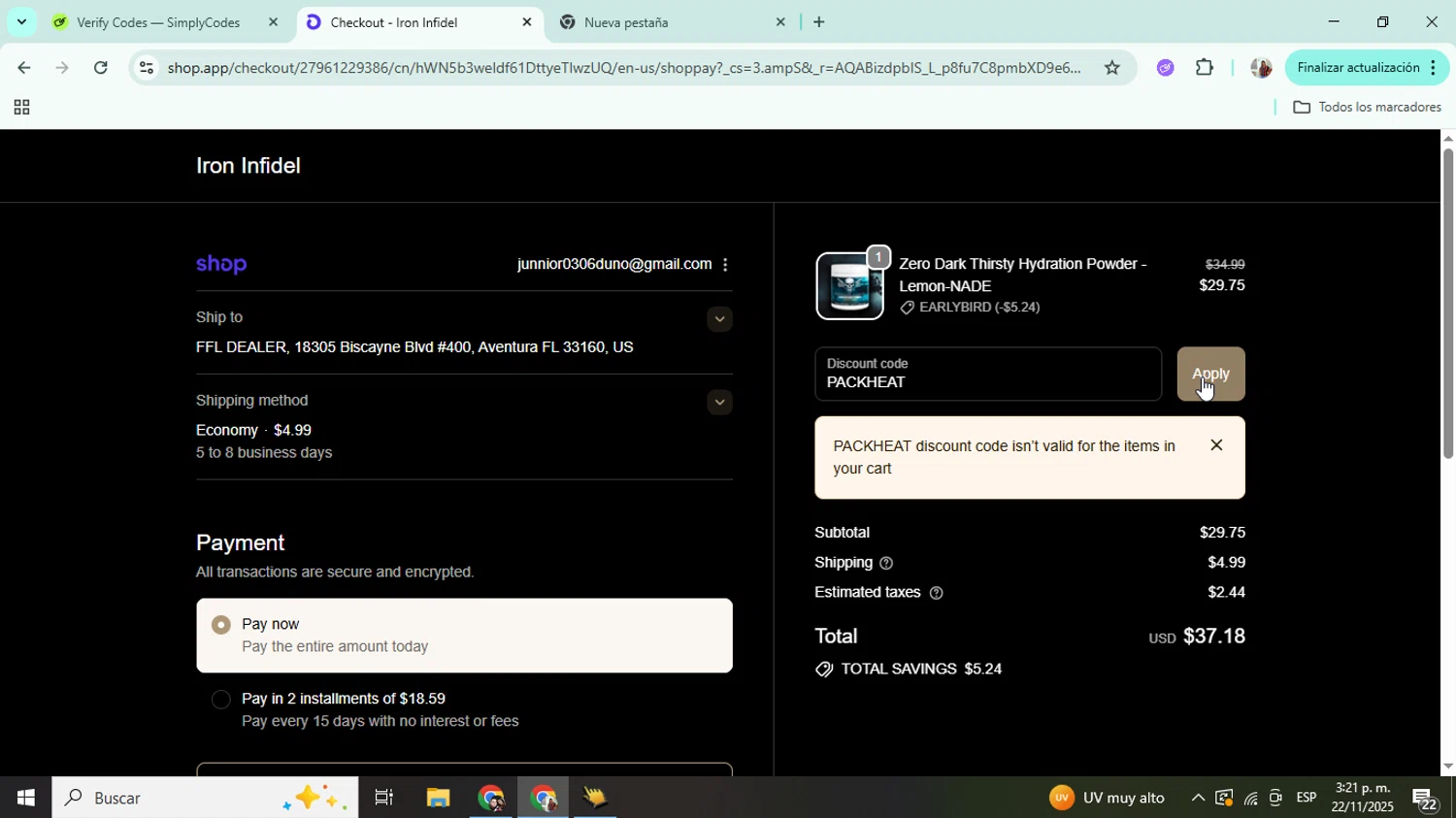 Iron Infidel discount code screenshot showing code PACKHEAT applied at Iron Infidel checkout page. Uploaded by SimplyCodes community member Mujerdejunnior on Nov 22, 2025