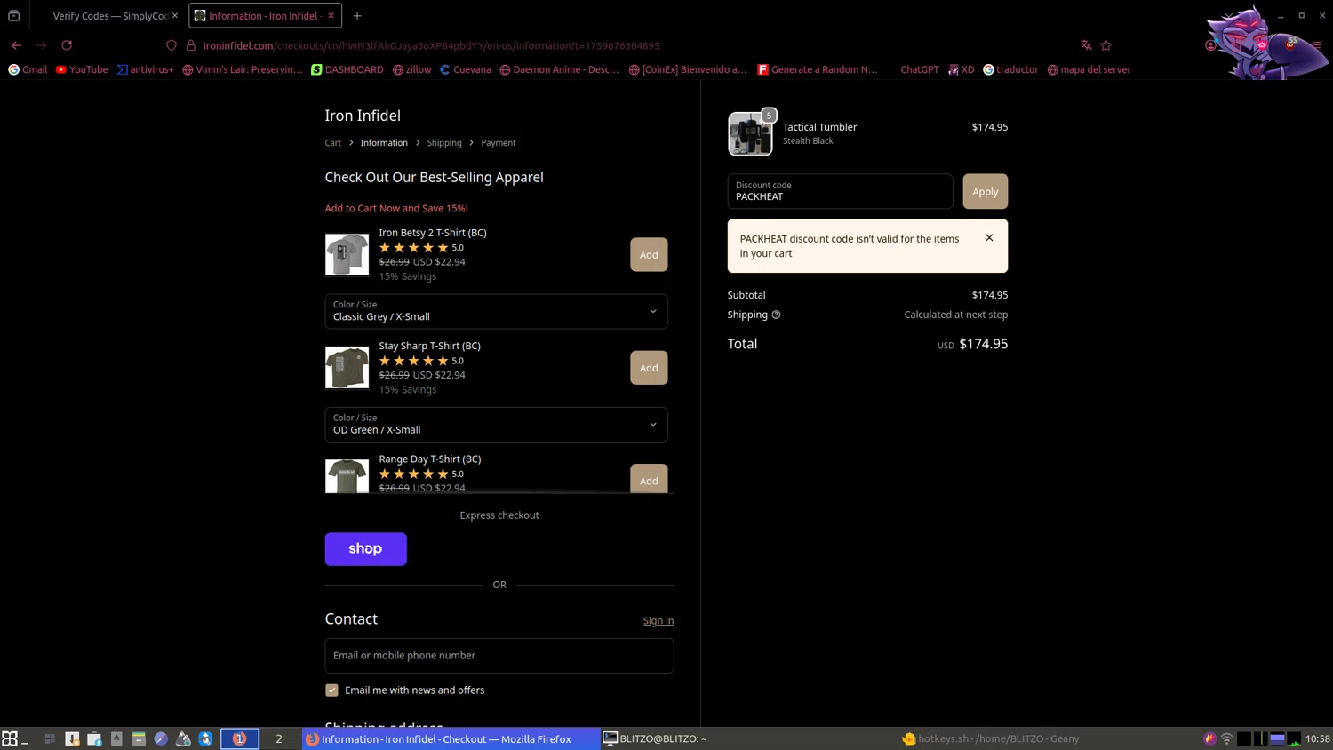 Iron Infidel discount code screenshot showing code PACKHEAT applied at Iron Infidel checkout page. Uploaded by SimplyCodes community member SilverWizard1305 on Oct 5, 2025