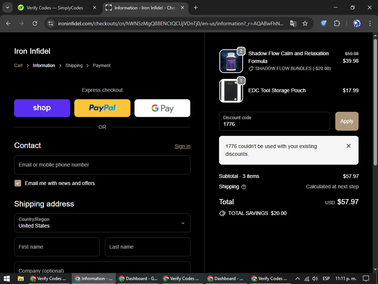 Iron Infidel discount code screenshot showing code 1776 applied at Iron Infidel checkout page. Uploaded by SimplyCodes community member WiseHunter8213 on Dec 3, 2025