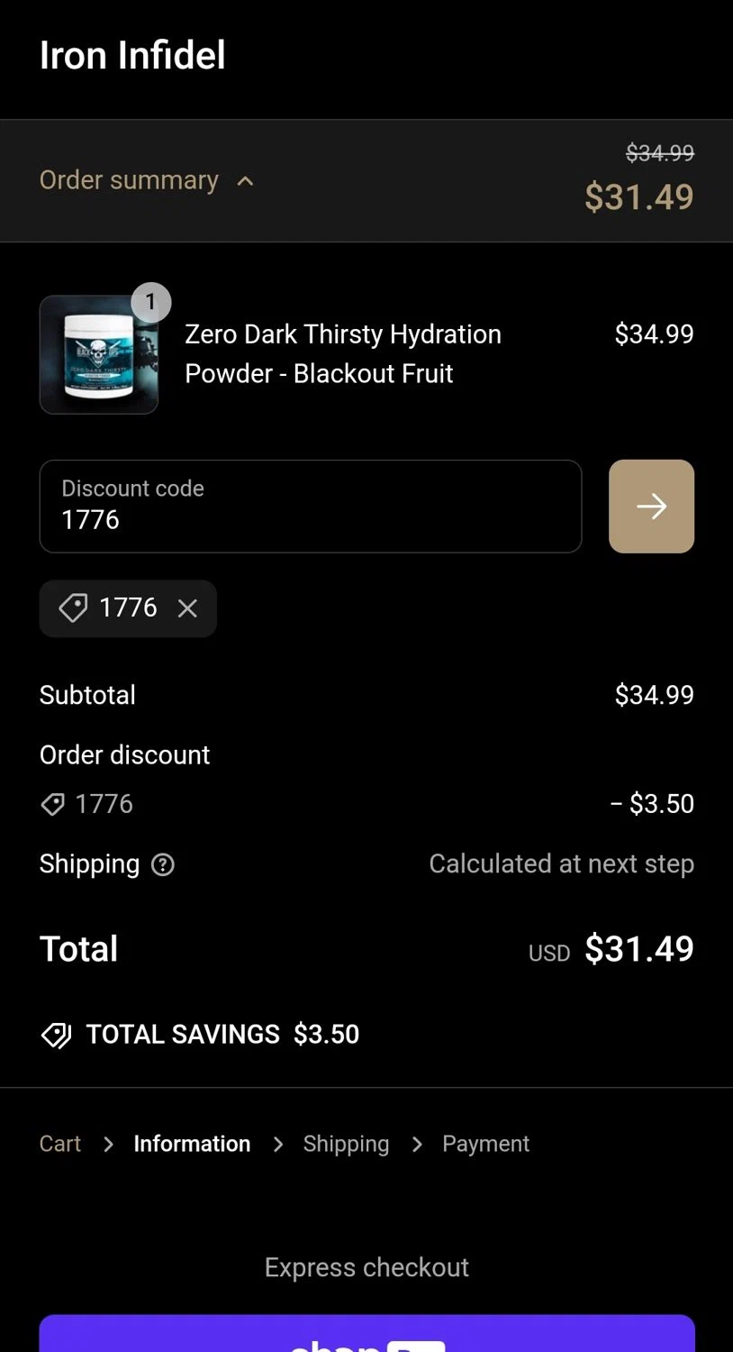 Iron Infidel discount code screenshot showing code 1776 applied at Iron Infidel checkout page. Uploaded by SimplyCodes community member JuanMonge on Mar 8, 2025