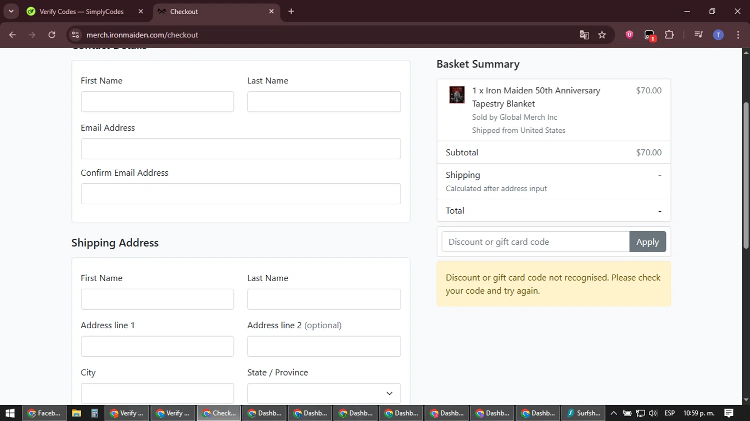 Iron Maiden promo code screenshot showing code IMJAN26 applied at Iron Maiden checkout page. Uploaded by SimplyCodes community member snidertom8 on Feb 7, 2026