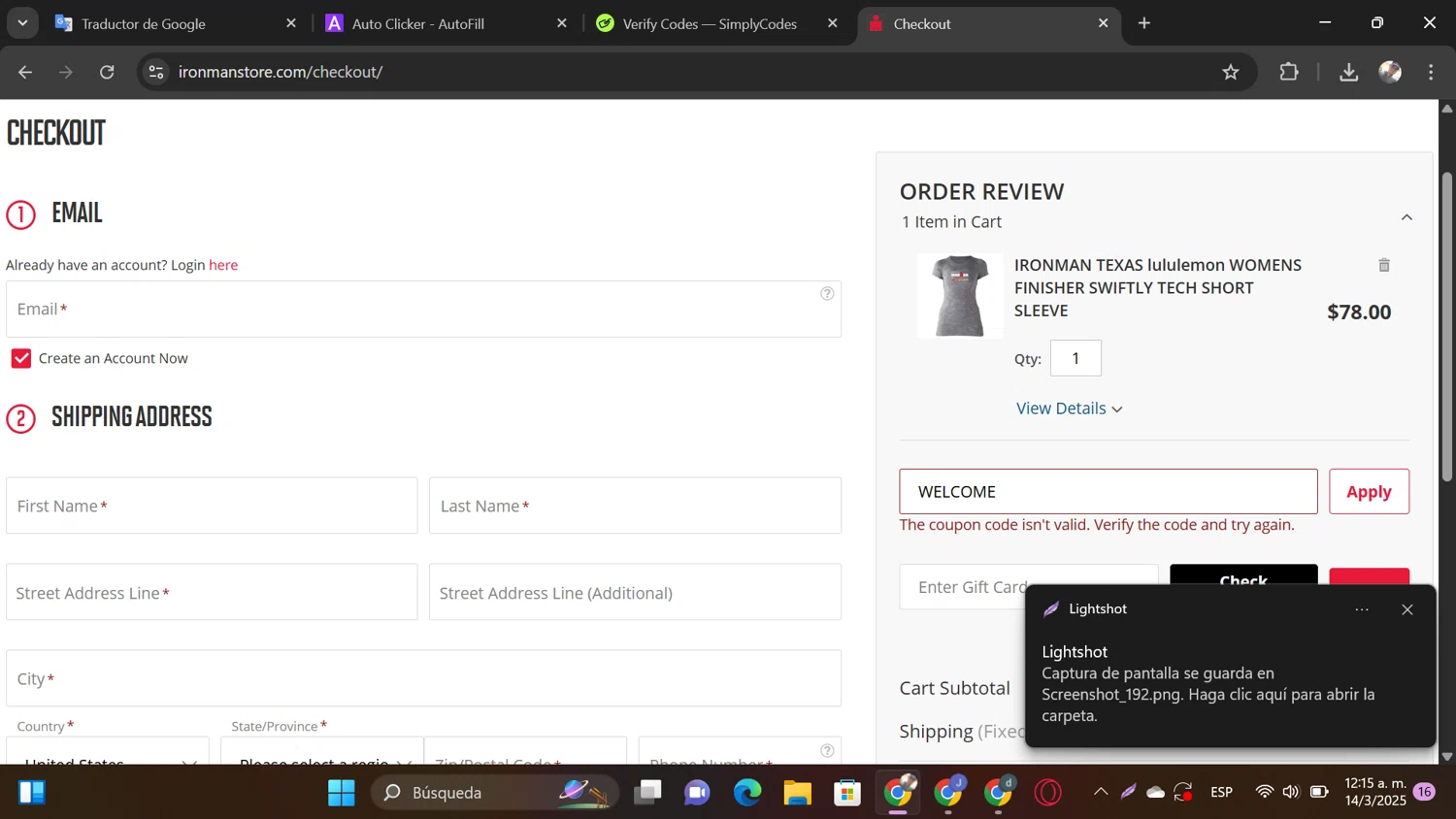 Ironman promo code screenshot showing code WELCOME applied at Ironman checkout page. Uploaded by SimplyCodes community member MrShelbby on Mar 14, 2025
