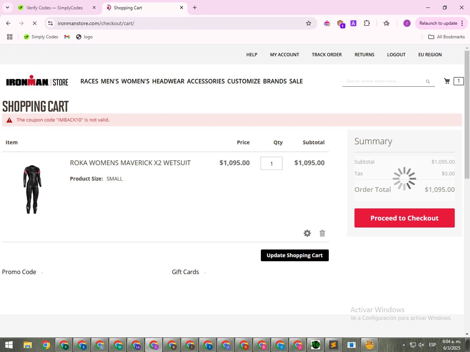 Ironman promo code screenshot showing code IMBACK10 applied at Ironman checkout page. Uploaded by SimplyCodes community member FrugalMaven5544 on Mar 6, 2025