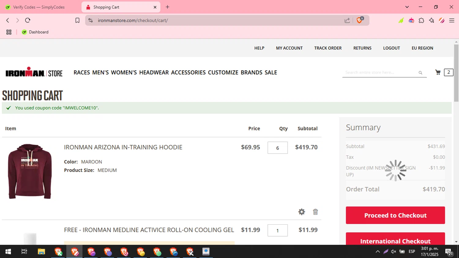 Ironman checkout page showing Ironman promo code box | Screenshot taken by SimplyCodes community member on Jan 17, 2025
