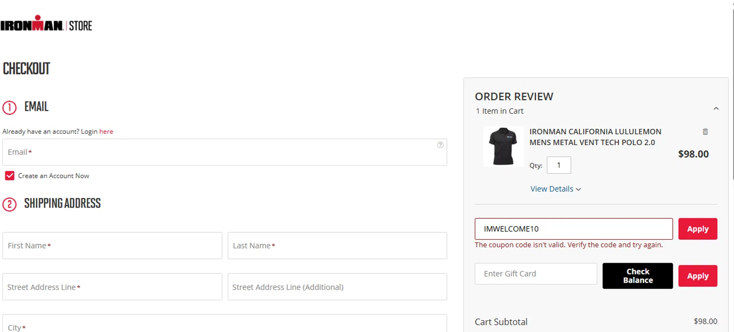 Ironman promo code screenshot showing code IMWELCOME10 applied at Ironman checkout page. Uploaded by SimplyCodes community member Dallas on Apr 22, 2025