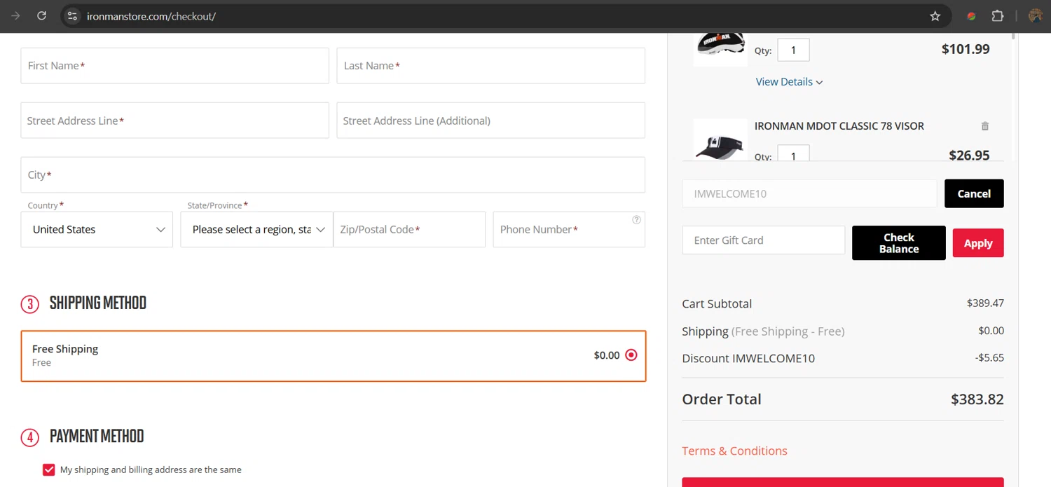Ironman promo code screenshot showing code IMWELCOME10 applied at Ironman checkout page. Uploaded by SimplyCodes community member Gray_75 on Mar 6, 2025