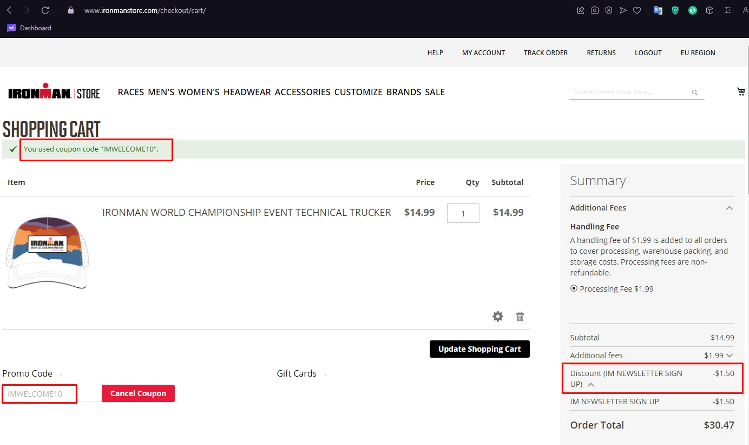 Ironman checkout page showing Ironman promo code box | Screenshot taken by SimplyCodes community member on Mar 12, 2024