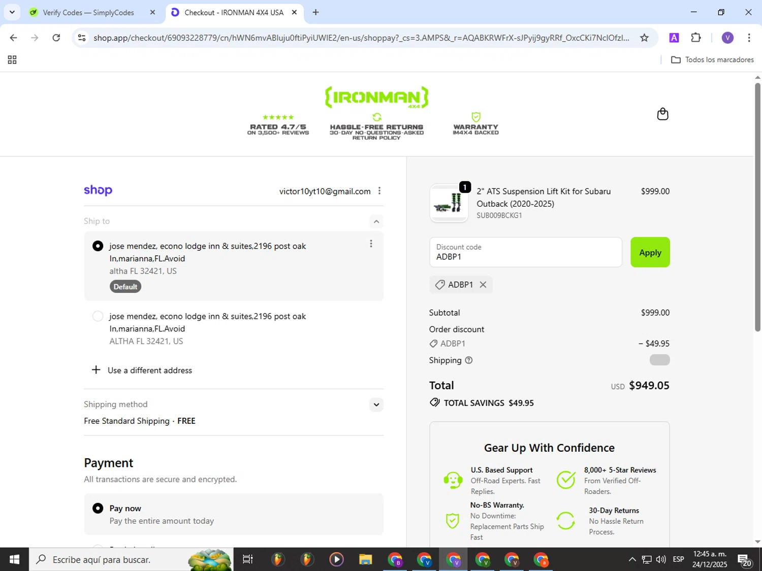 Ironman 4x4 America coupon code screenshot showing code ADBP1 applied at Ironman 4x4 America checkout page. Uploaded by SimplyCodes community member Gianpiero on Dec 24, 2025