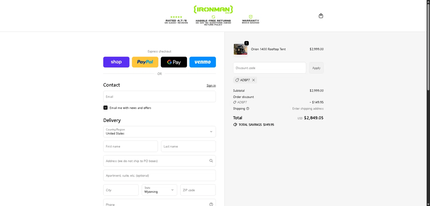 Ironman 4x4 America coupon code screenshot showing code ADBP7 applied at Ironman 4x4 America checkout page. Uploaded by SimplyCodes community member DealHunter6996 on Dec 29, 2025