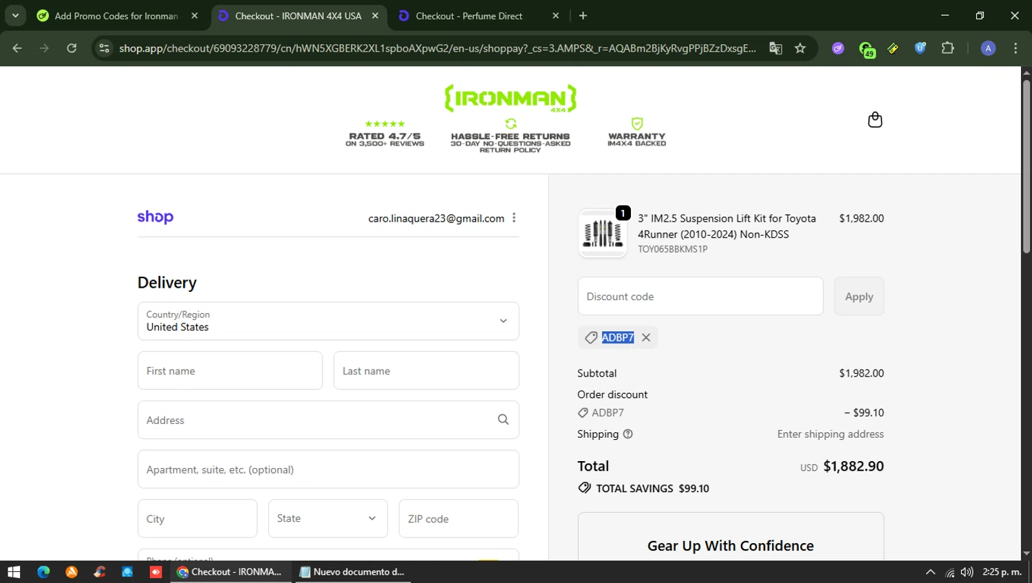 Ironman 4x4 America coupon code screenshot showing code ADBP7 applied at Ironman 4x4 America checkout page. Uploaded by SimplyCodes community member Carolina23 on Dec 7, 2025