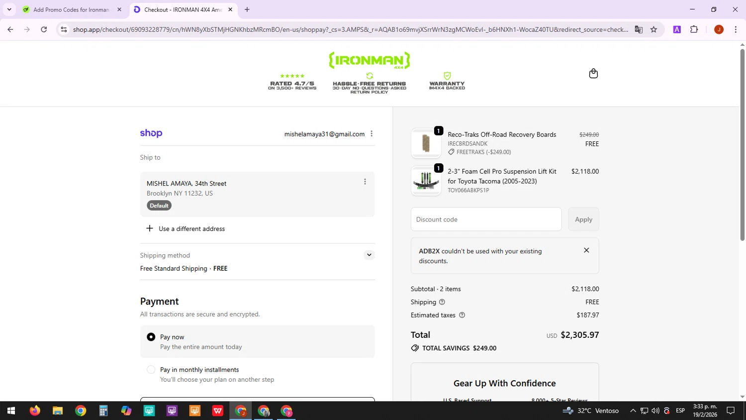 Ironman 4x4 America coupon code screenshot showing code ADB2X applied at Ironman 4x4 America checkout page. Uploaded by SimplyCodes community member TreasureTracker4321 on Feb 19, 2026