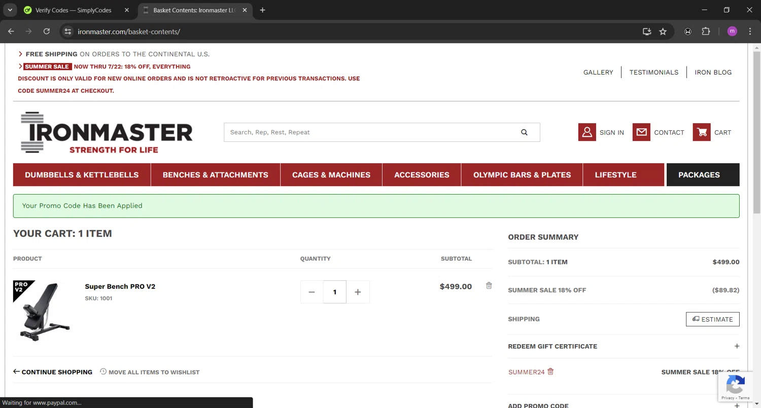 Ironmaster checkout page showing Ironmaster promo code box | Screenshot taken by SimplyCodes community member on Jul 18, 2024