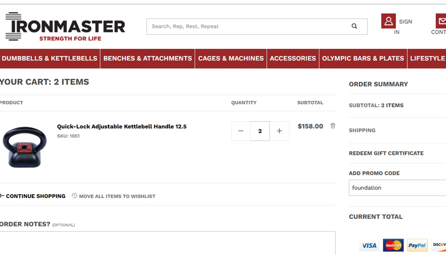 Ironmaster checkout page showing Ironmaster promo code box | Screenshot taken by SimplyCodes community member on Oct 10, 2025