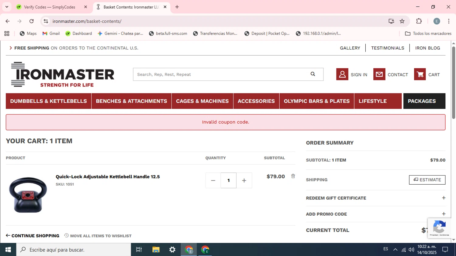 Ironmaster promo code screenshot showing code foundation applied at Ironmaster checkout page. Uploaded by SimplyCodes community member Esteban on Oct 14, 2025