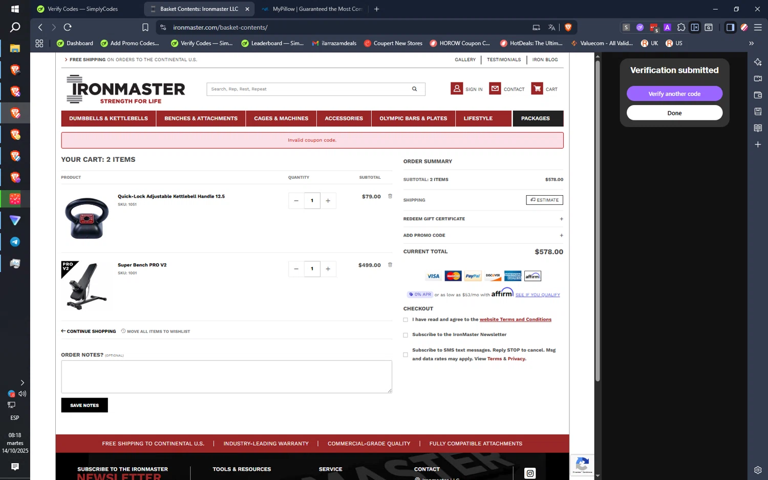 Ironmaster promo code screenshot showing code foundation applied at Ironmaster checkout page. Uploaded by SimplyCodes community member IronMind4607 on Oct 14, 2025