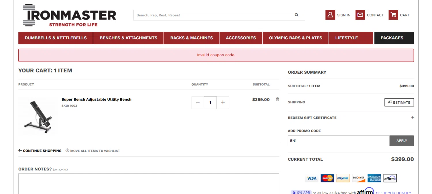Ironmaster promo code screenshot showing code BN1 applied at Ironmaster checkout page. Uploaded by SimplyCodes community member JesusCaballero on Nov 11, 2025