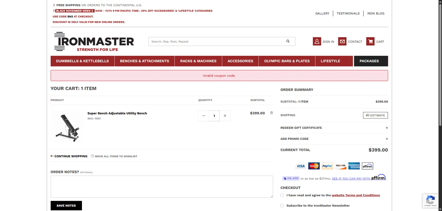 Ironmaster promo code screenshot showing code BN1 applied at Ironmaster checkout page. Uploaded by SimplyCodes community member VoucherVirtuoso5207 on Nov 12, 2025