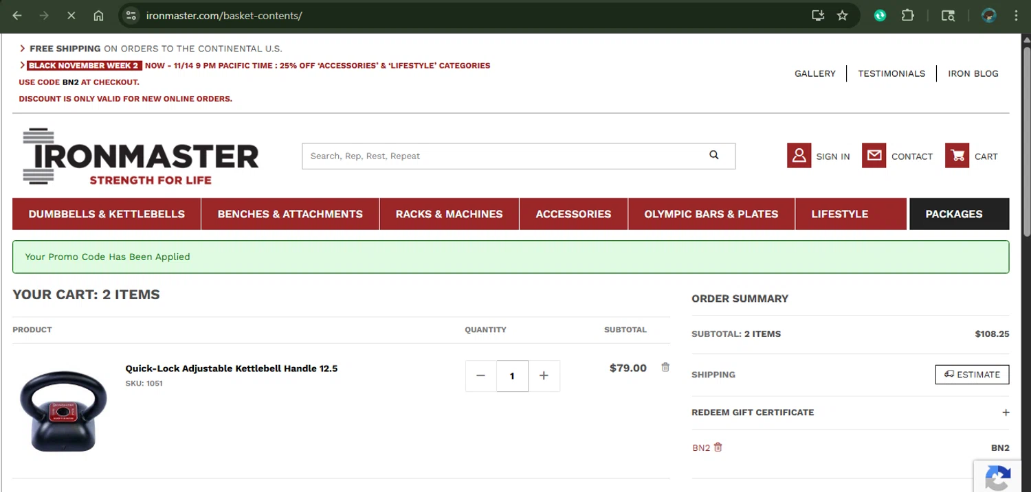 Ironmaster promo code screenshot showing code bn2 applied at Ironmaster checkout page. Uploaded by SimplyCodes community member MariaCorinaMachado on Nov 11, 2025