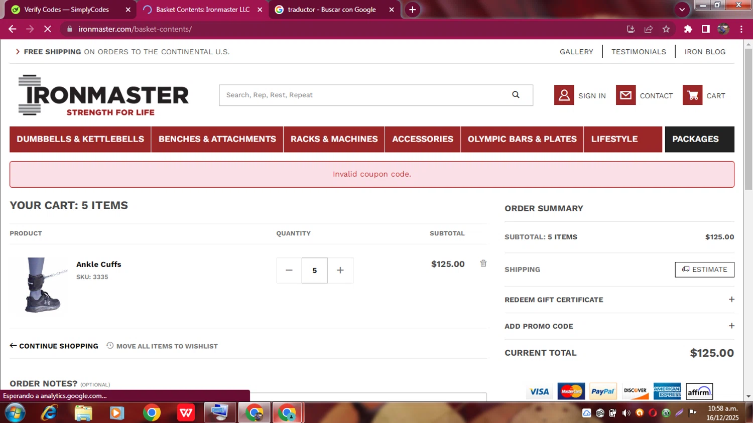 Ironmaster promo code screenshot showing code bn3 applied at Ironmaster checkout page. Uploaded by SimplyCodes community member andresito16 on Dec 16, 2025