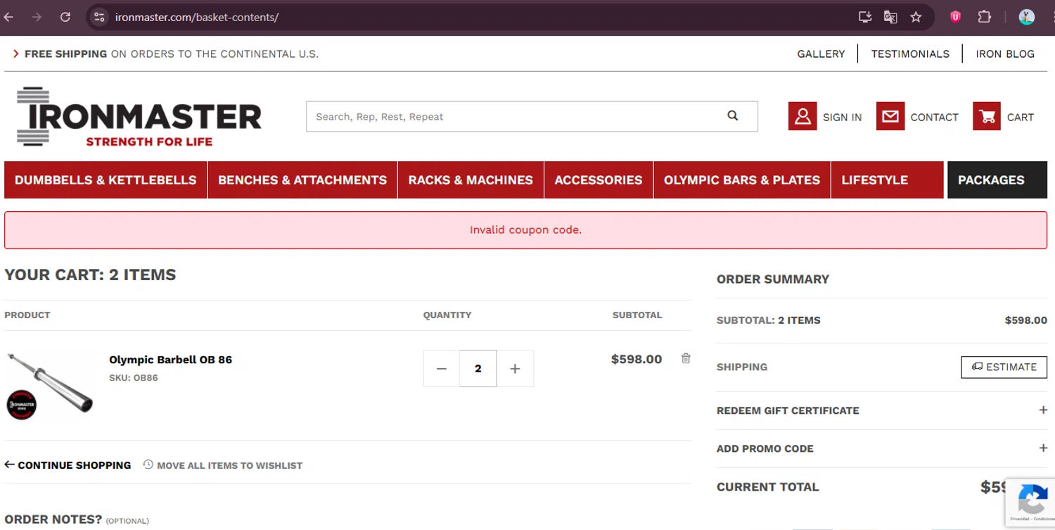 Ironmaster promo code screenshot showing code bn3 applied at Ironmaster checkout page. Uploaded by SimplyCodes community member elgatobravo on Dec 16, 2025